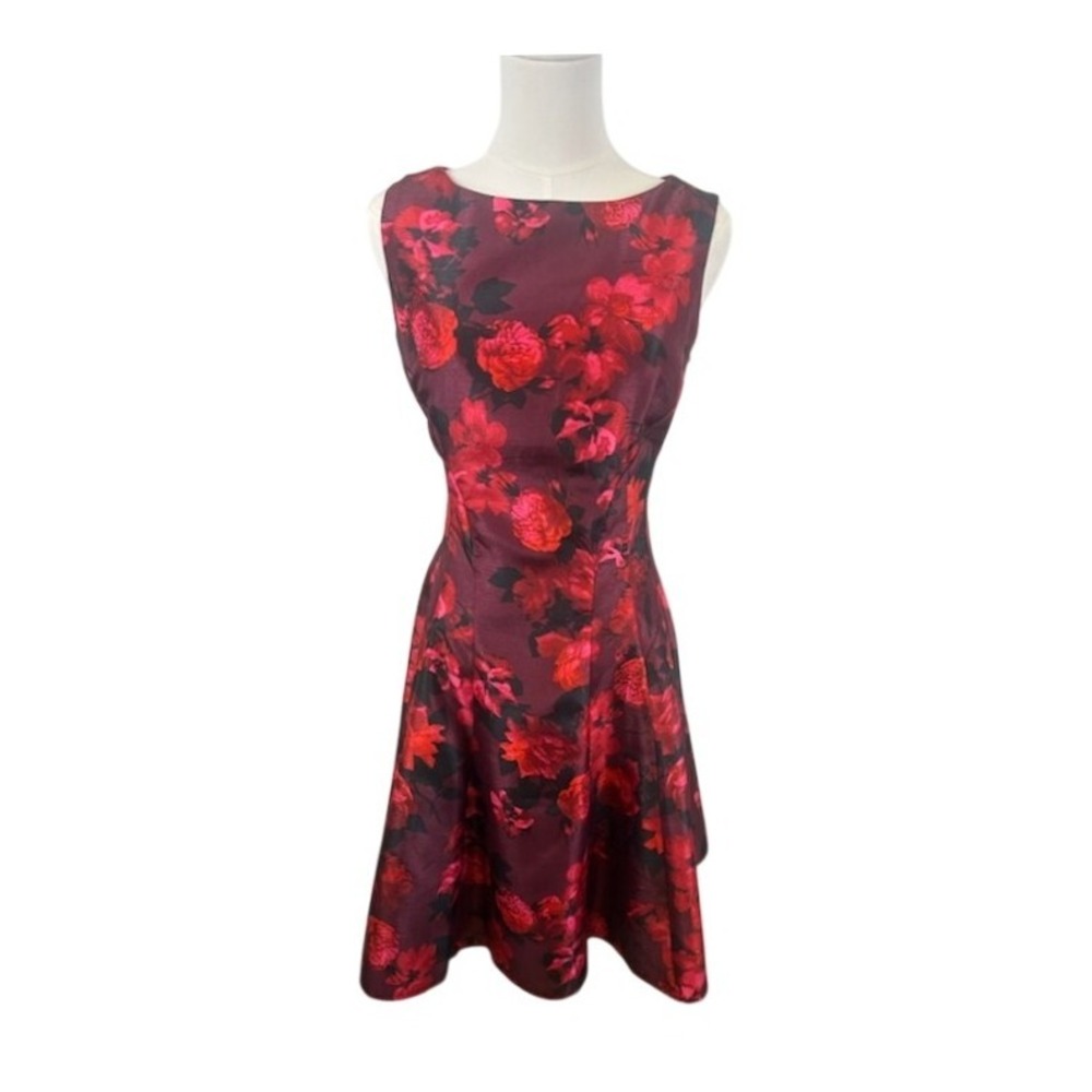 Julian Taylor Fit and Flare Dress Women's Size 14 Burgundy Red Floral Cocktail